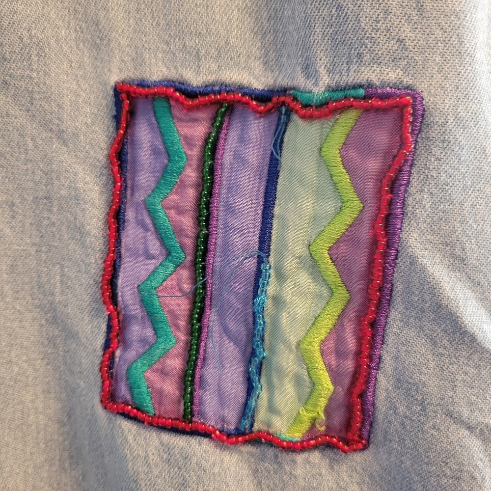Vintage 90s Patchwork Denim Shirt Large Beaded Boho Art Teacher Chic - Picture 5 of 12